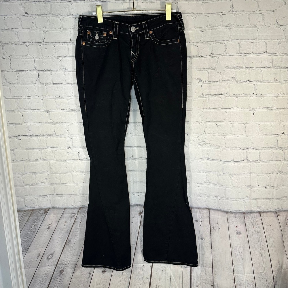 True Religion Joey Black Flare Jeans White Contrast Low Rise Linen Blend 28